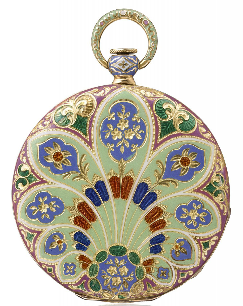 Inde (1831) - Montre de poche, or jaune 18K, boîte en champlevé émaillé, fleurs gravure en creux, fondant de finition. Cadran guilloché. N° 10450