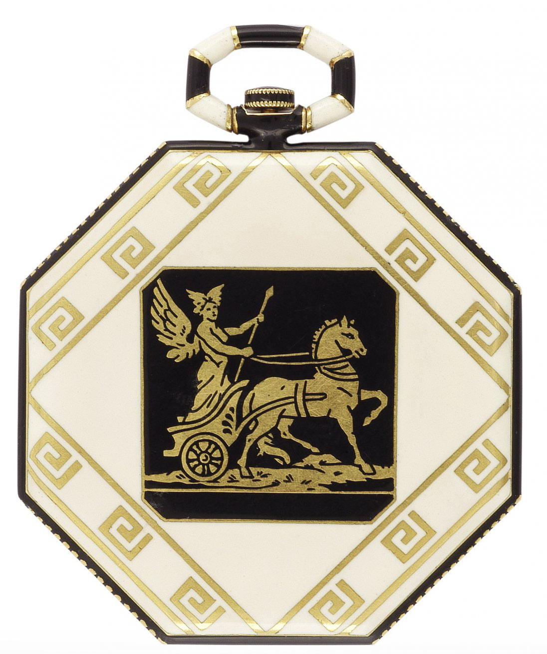 Grèce (1921) - Montre de poche, or jaune et émail, sur le fond une frise de style grec avec une scène en champlevé émaillé représentant Hermès sur son char Cadran argenté. N° 11470