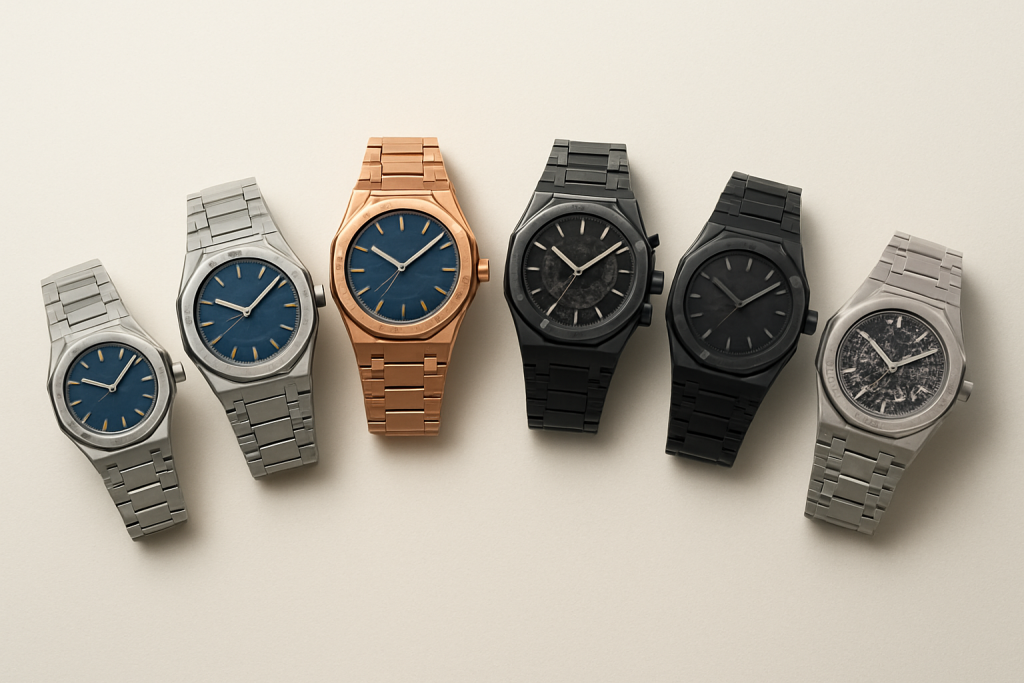 Steel, gold and ceramic Royal Oak watches arranged by size and complication