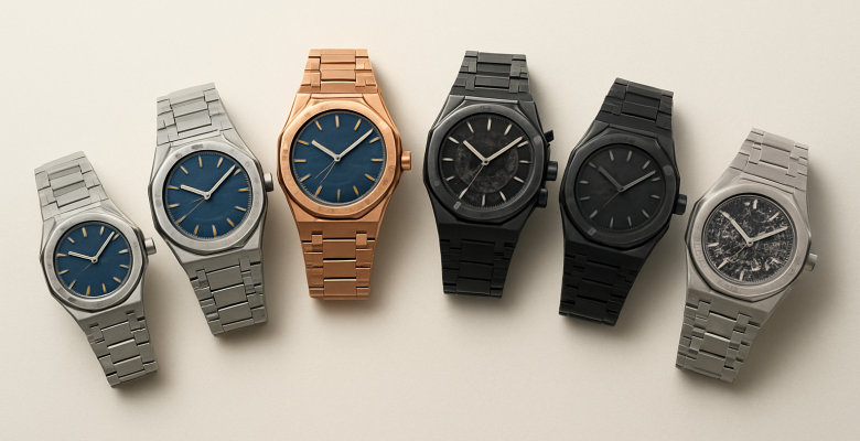 Steel, gold and ceramic Royal Oak watches arranged by size and complication