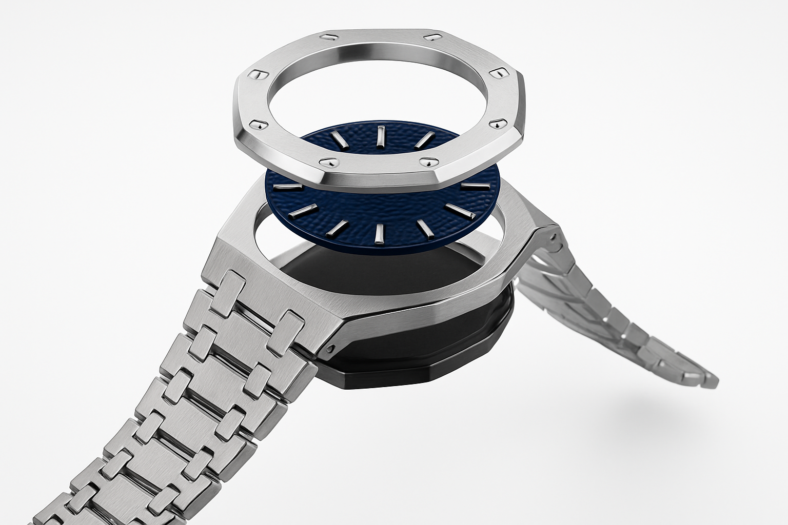 Exploded Royal Oak showing the bezel, patterned dial, case and integrated bracelet