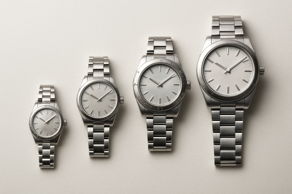 Six unbranded luxury watches arranged from compact to large case sizes