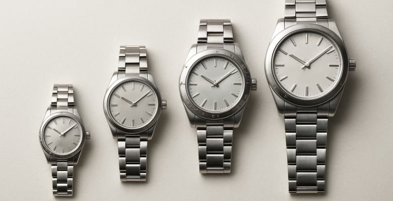 Six unbranded luxury watches arranged from compact to large case sizes