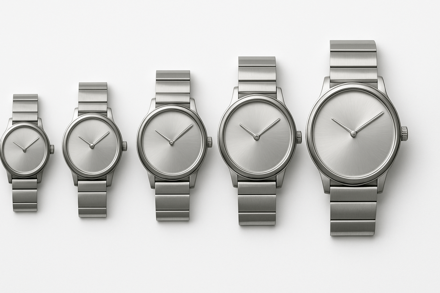 Relative wrist presence of five unbranded round watch case sizes