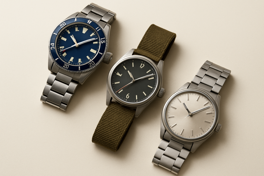 Sport, field and compact everyday mechanical-watch styles arranged together.