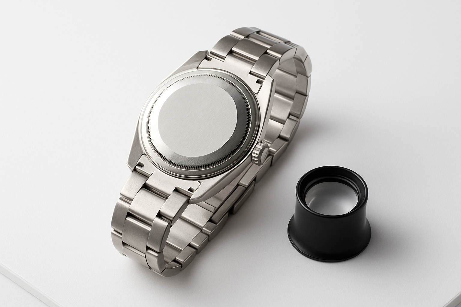 A pre-owned automatic watch inspected at its caseback, crown, crystal and bracelet.