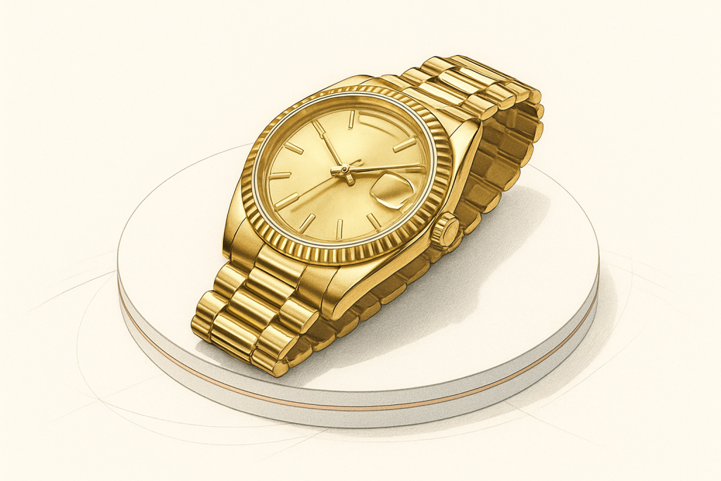 Rolex Day-Date watches arranged by size, generation and precious-metal tone