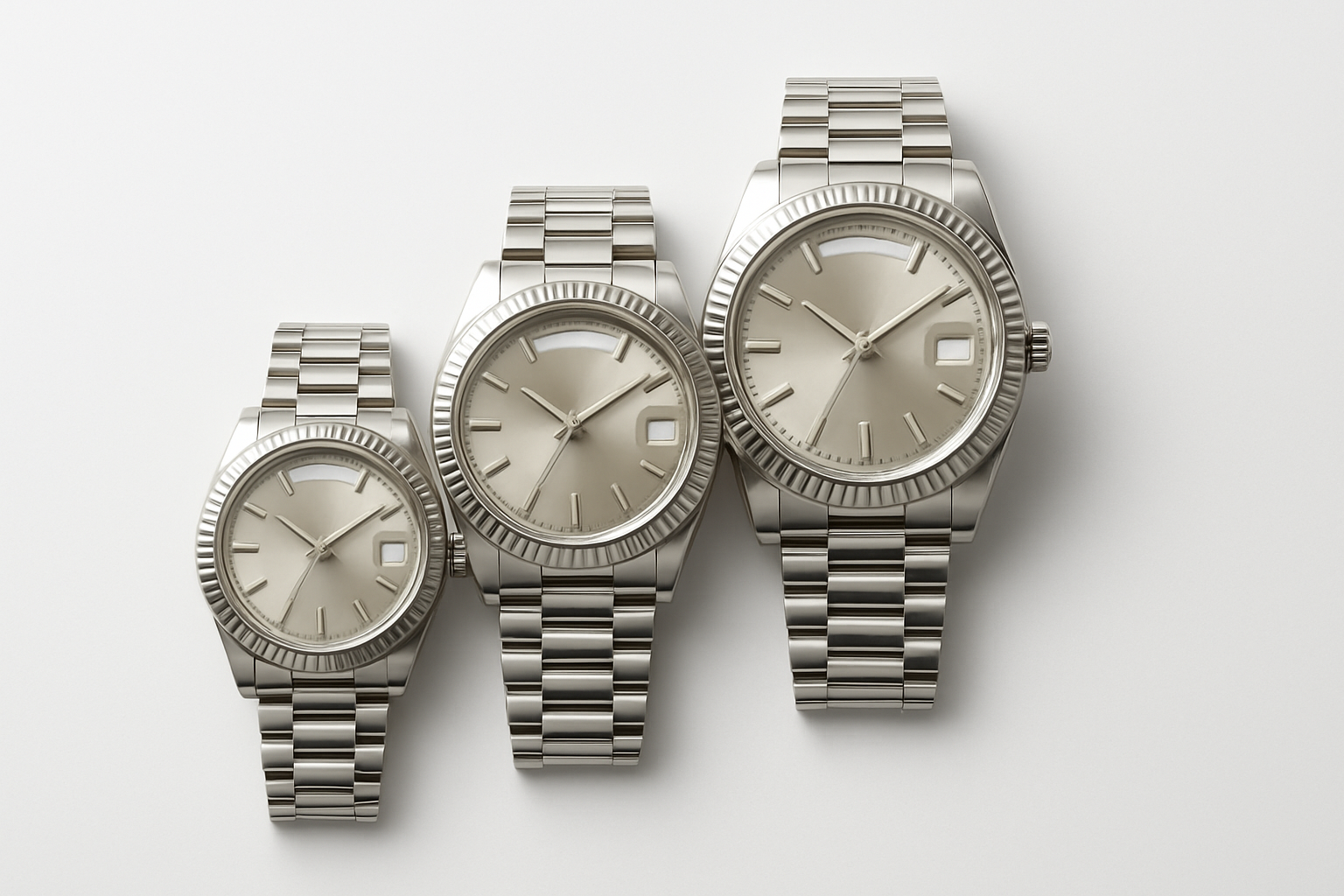 Rolex Day-Date 36, 40 and Day-Date II shown at relative scale