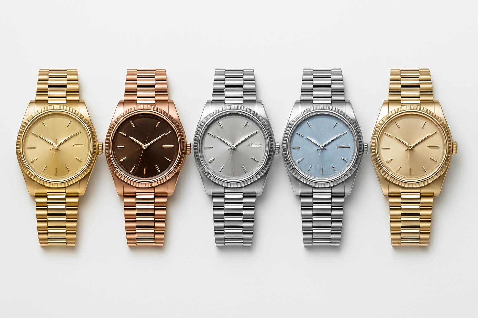 Day-Date watches arranged by yellow, rose, white, platinum and Jubilee Gold tones