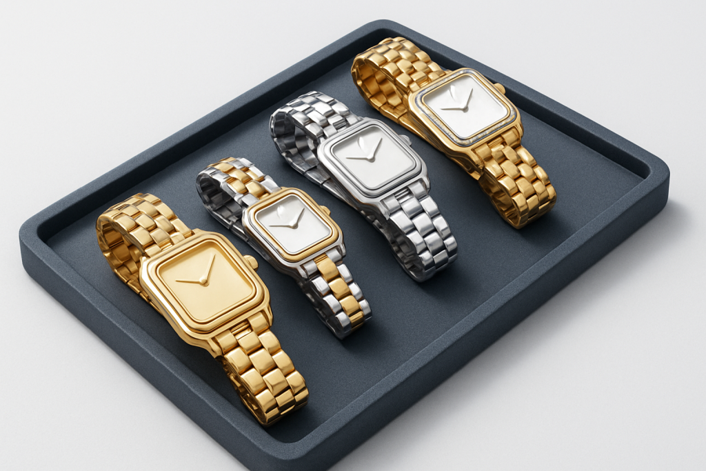 Four Cartier Panthère watch sizes shown in steel, two-tone, gold and diamond configurations