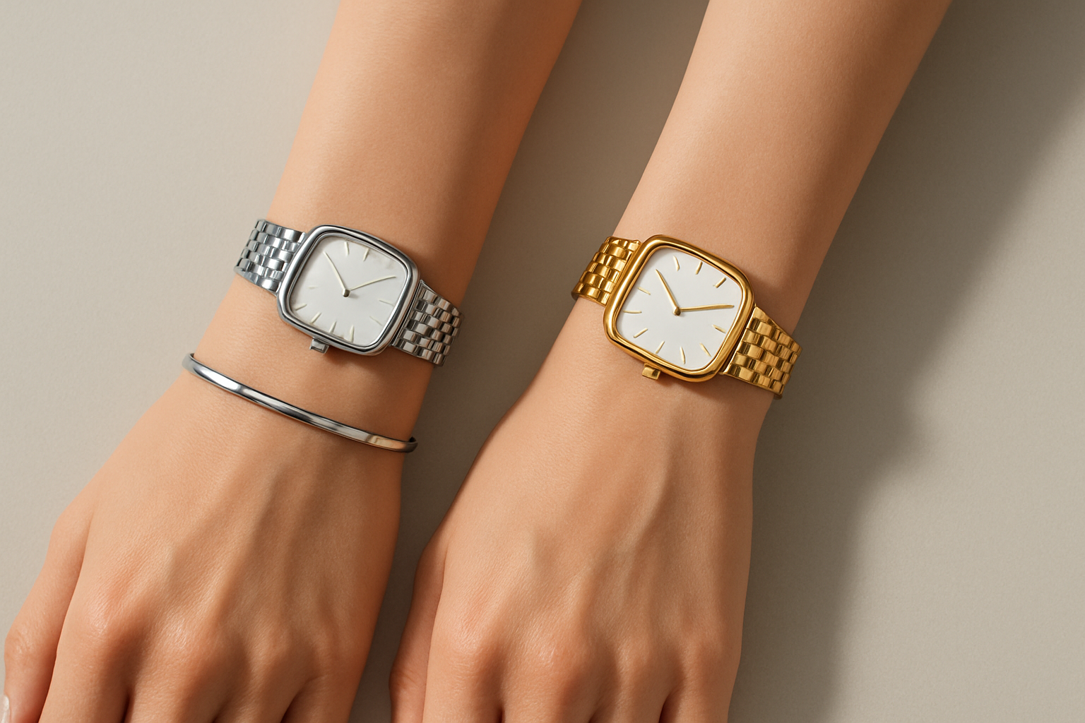 Mini steel and small gold square watches compared on two anonymous wrists