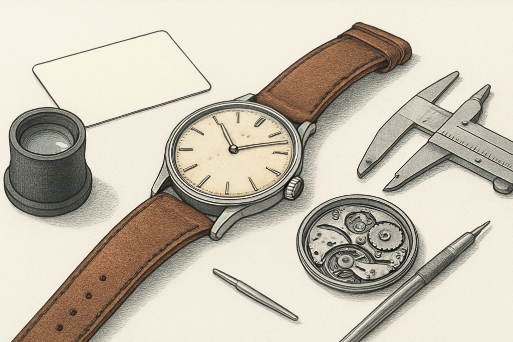 Vintage wristwatch, loupe, reference card and dealer listings on a laptop