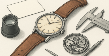 Vintage wristwatch, loupe, reference card and dealer listings on a laptop