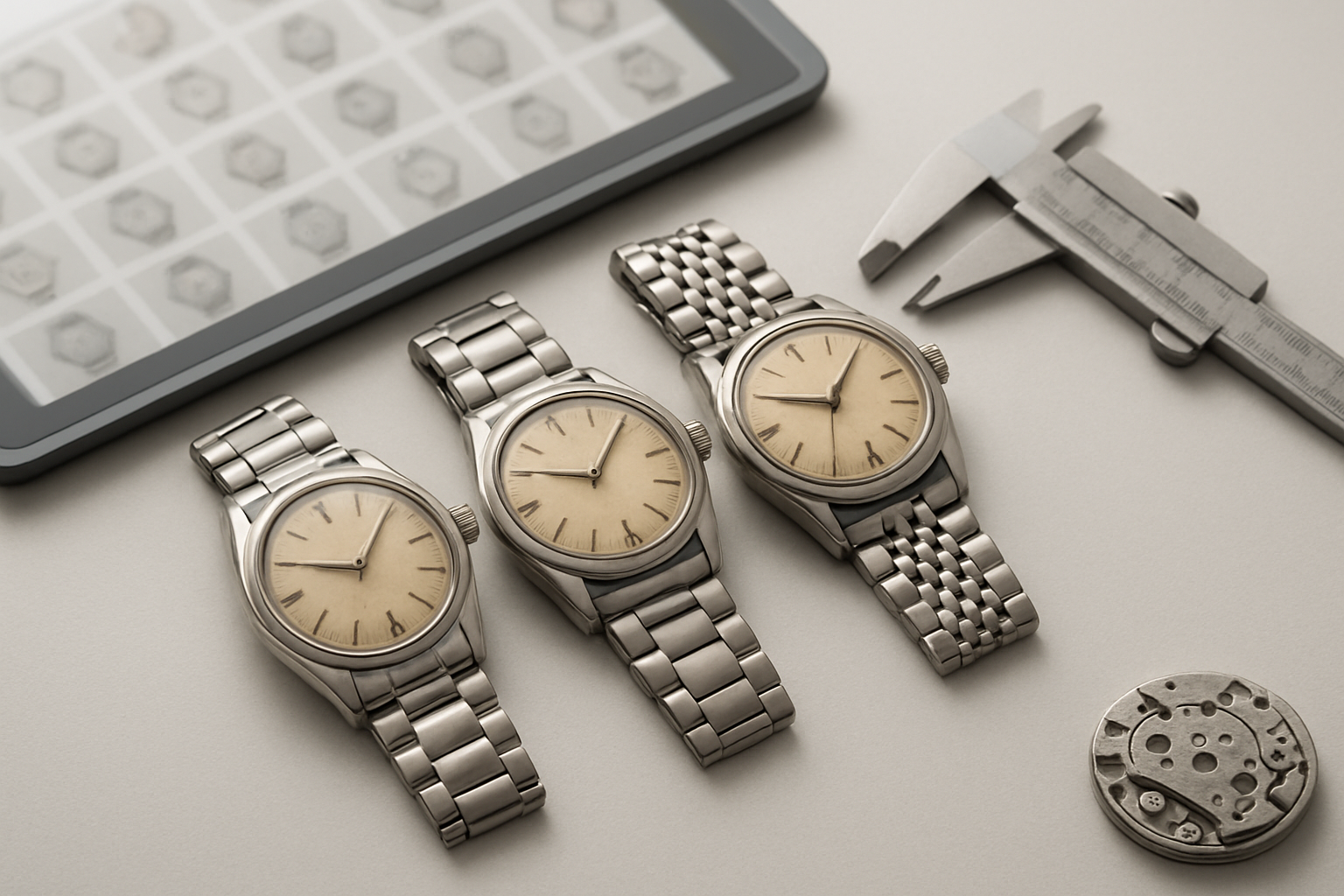 Buyer comparing several vintage watch listings by size, movement and case style
