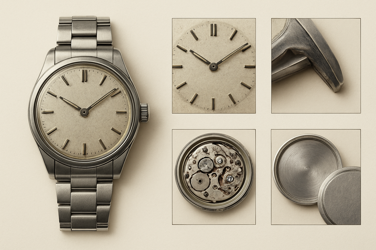 Close inspection of a vintage watch dial, case, crown, bracelet and movement details