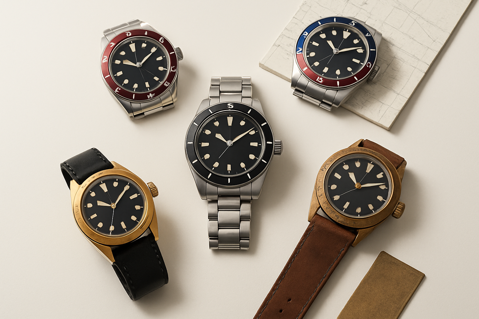 Five Black Bay 58 variants arranged around objects representing daily wear and travel