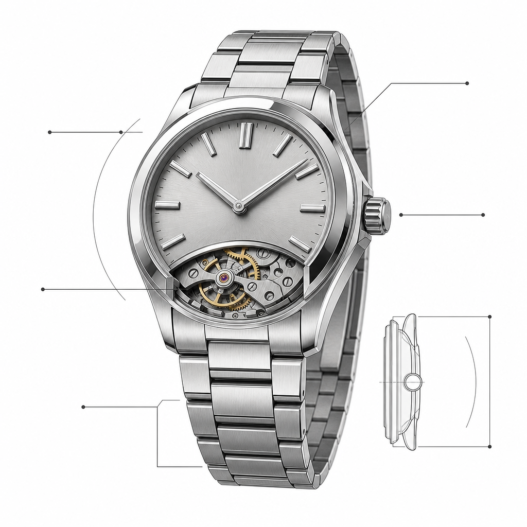 Technical wristwatch illustration showing case, dial, movement and bracelet details