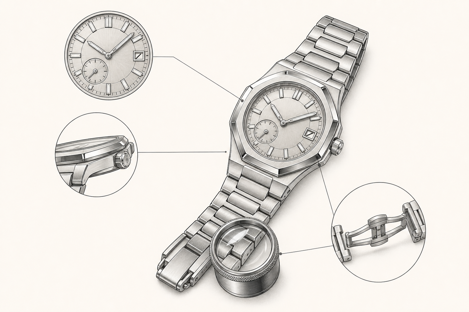 Watch, caseback, clasp and paperwork arranged for reference research