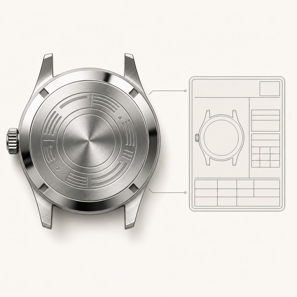 Close-up technical illustration of an engraved wristwatch caseback