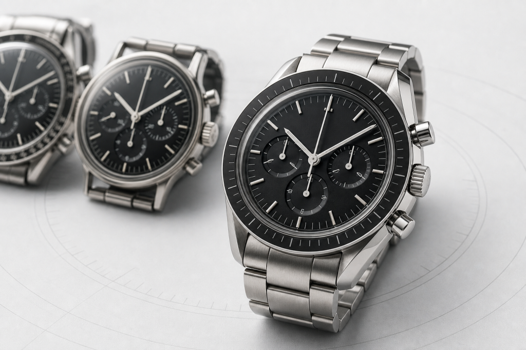 Omega Speedmaster Moonwatch-inspired steel chronograph with a black tachymeter bezel and three subdials