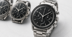 Omega Speedmaster Moonwatch-inspired steel chronograph with a black tachymeter bezel and three subdials