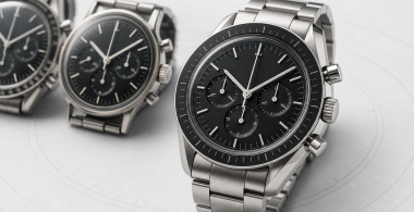 Omega Speedmaster Moonwatch-inspired steel chronograph with a black tachymeter bezel and three subdials
