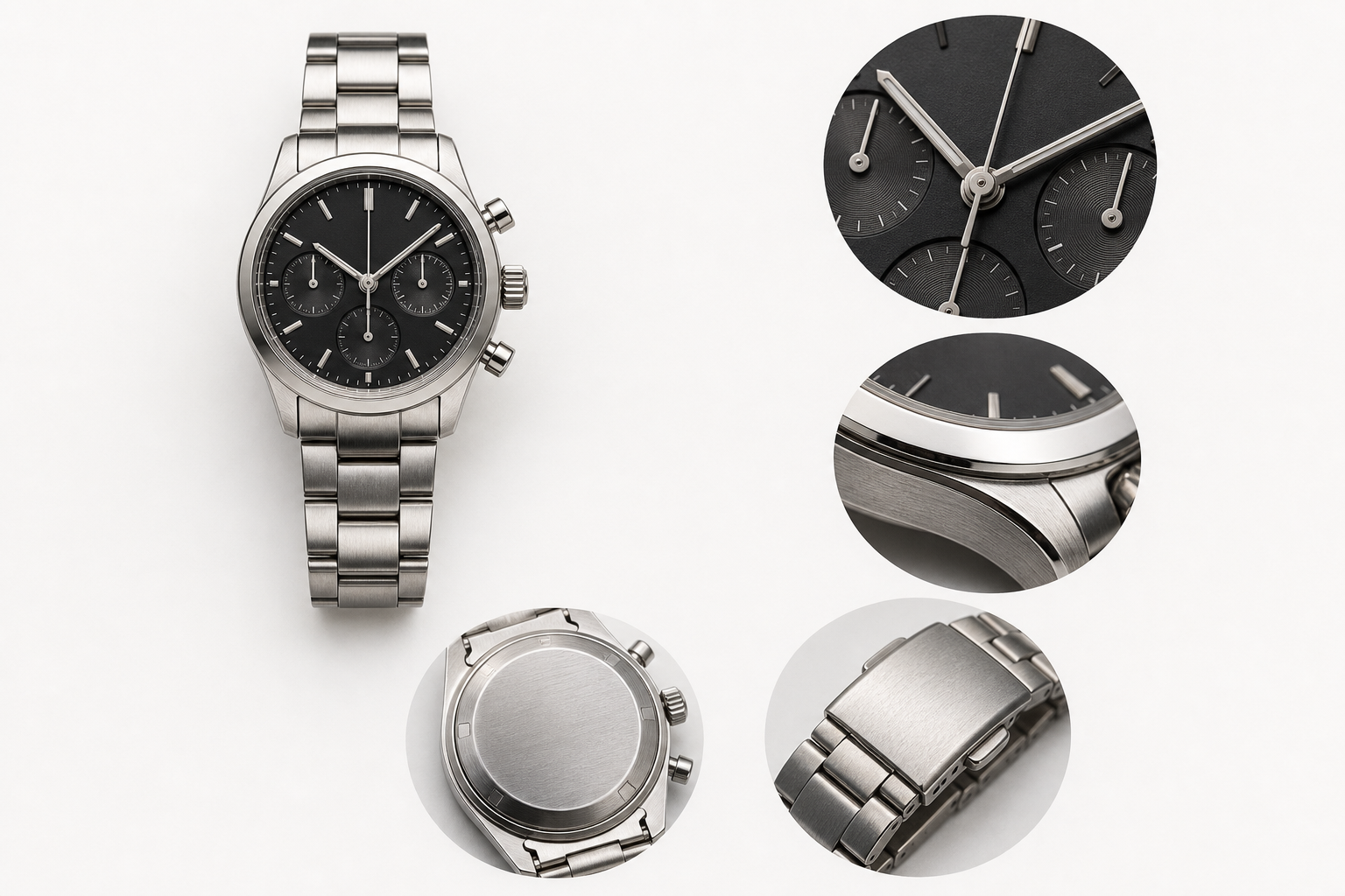 Collector examining a chronograph watch with close-up views of dial, caseback and bracelet
