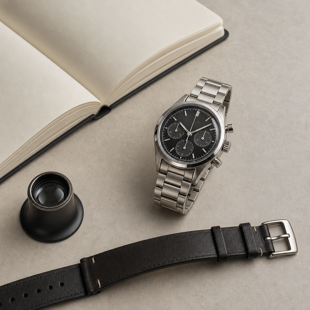 Steel chronograph beside a collector notebook, loupe and watch strap on a light desk