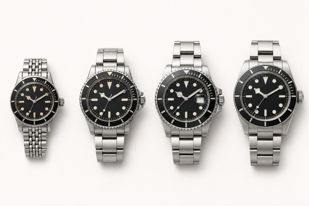 A row of Rolex Submariner-style dive watches showing the progression from vintage to current designs