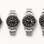 A row of Rolex Submariner-style dive watches showing the progression from vintage to current designs