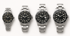 A row of Rolex Submariner-style dive watches showing the progression from vintage to current designs