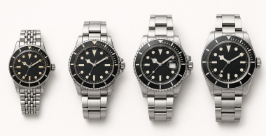 A row of Rolex Submariner-style dive watches showing the progression from vintage to current designs