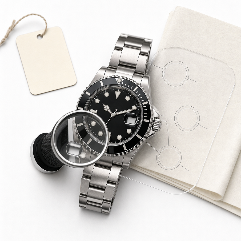 A dive watch beside a reference card, magnifier and feature markers for date, bezel and case material