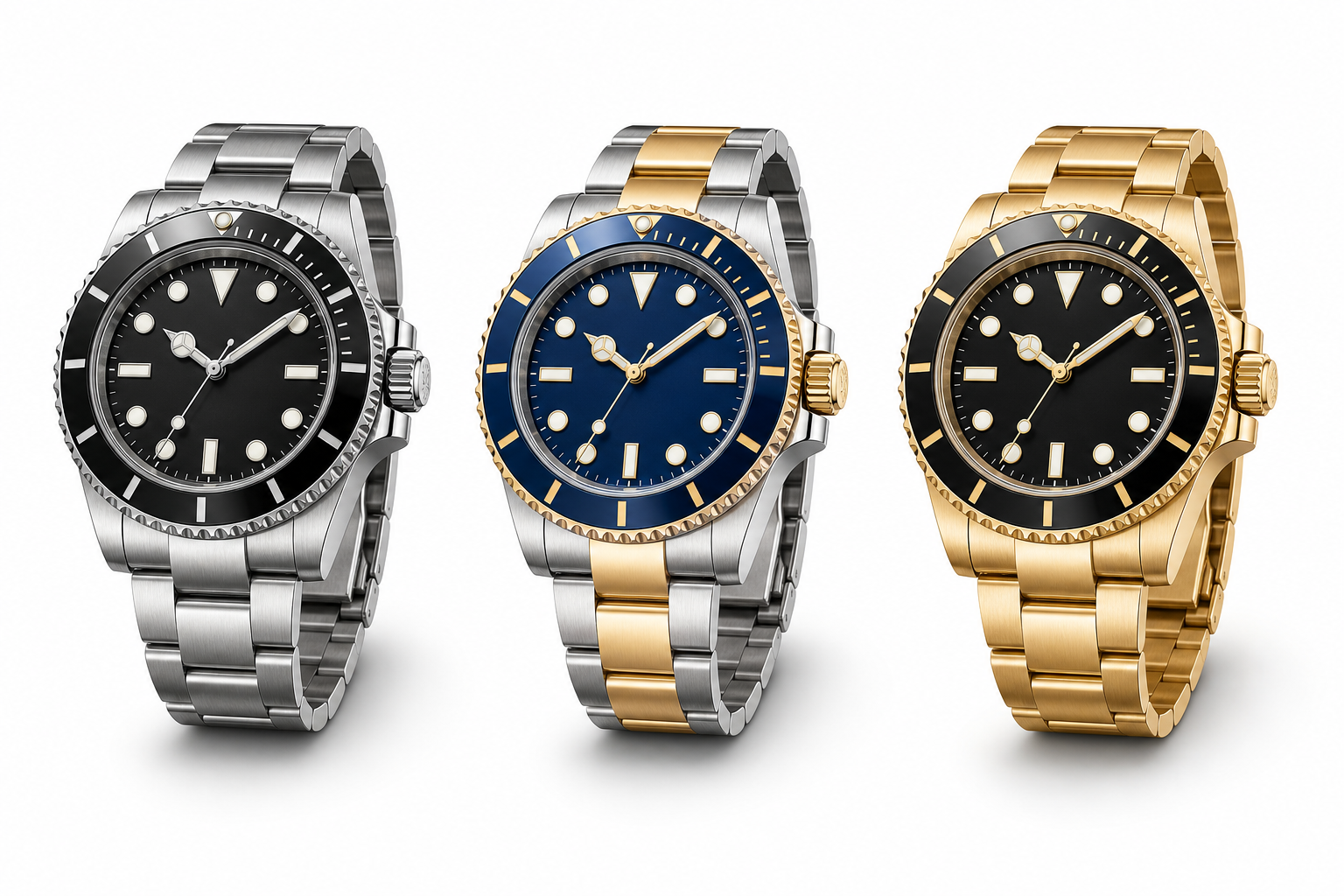 Three contemporary dive watches showing steel, steel and gold, and yellow gold material groups
