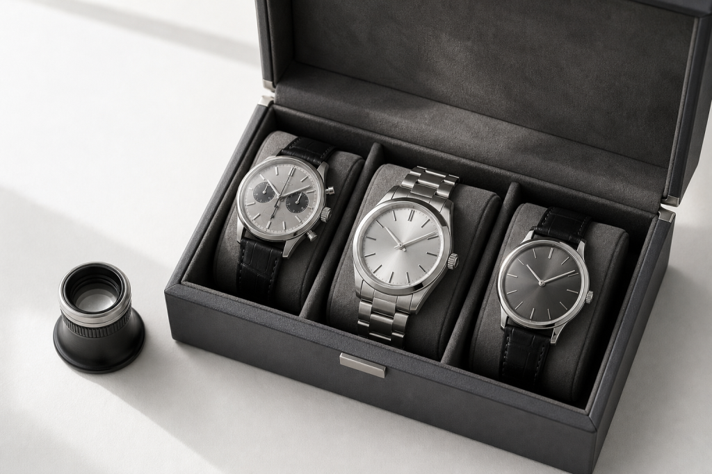 Mechanical watch, research notes, and marketplace listing tiles arranged on a collector’s desk