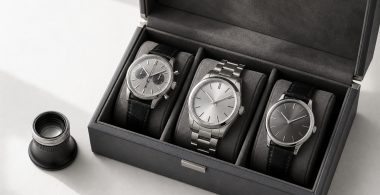 Mechanical watch, research notes, and marketplace listing tiles arranged on a collector’s desk