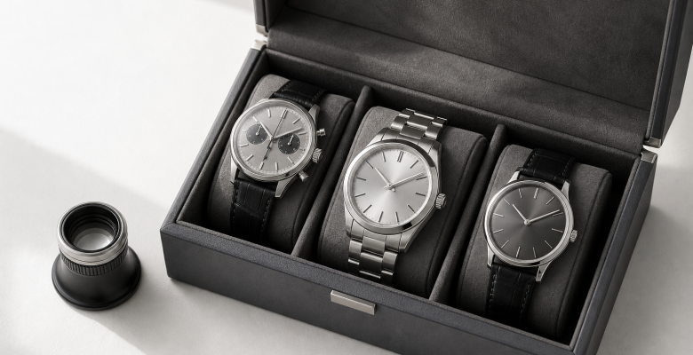 Mechanical watch, research notes, and marketplace listing tiles arranged on a collector’s desk