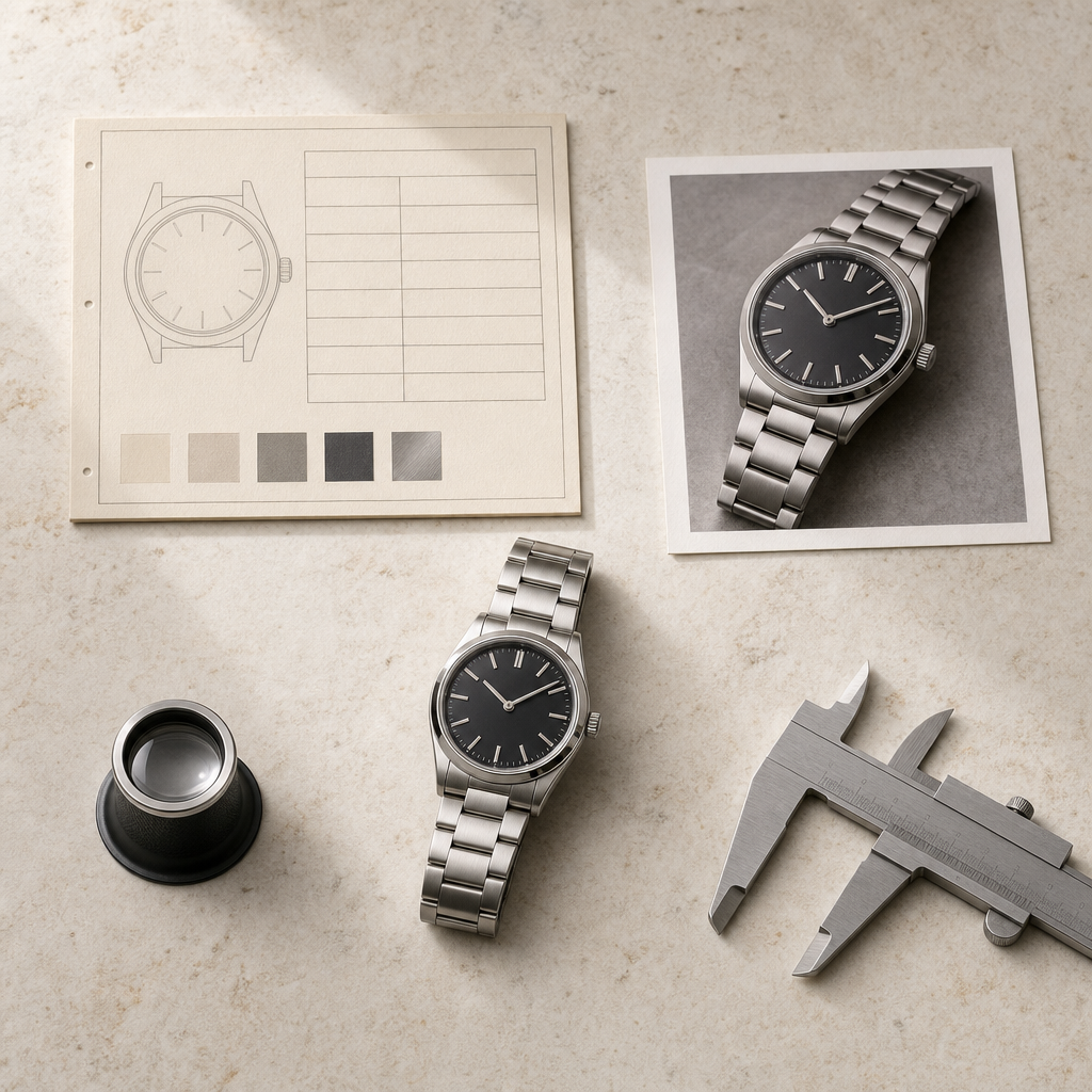 Collector comparing a watch reference record with a dealer listing and a physical wristwatch