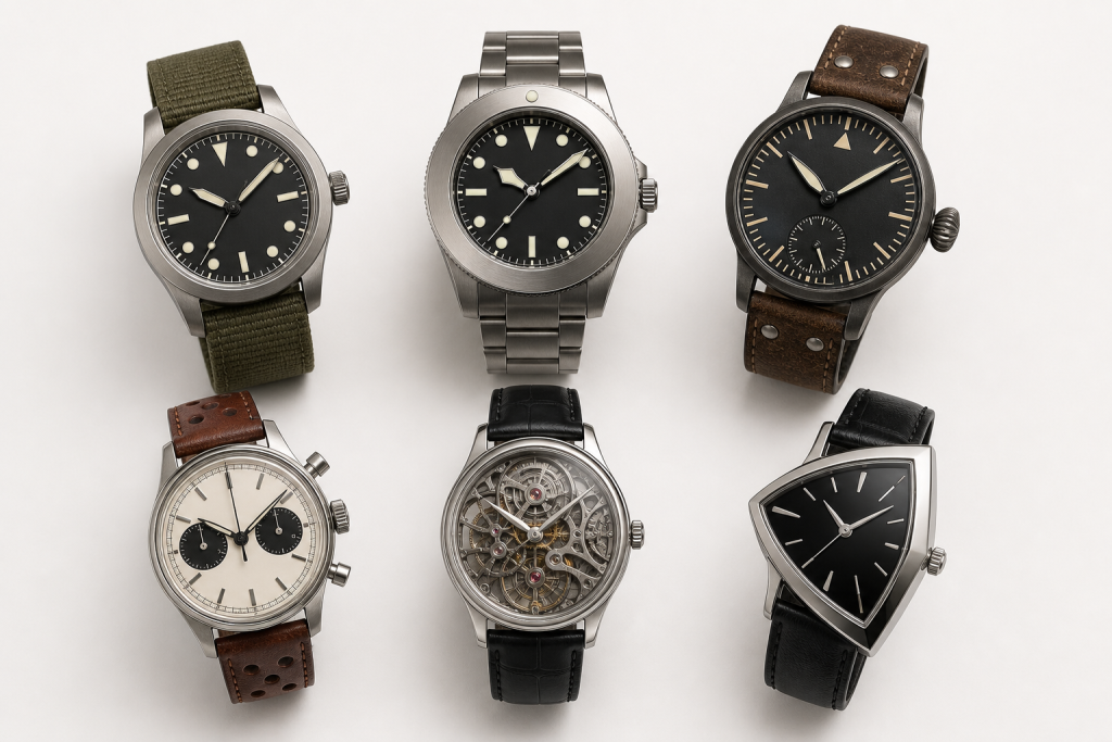 A selection of Hamilton watch styles arranged from field watch to dress chronograph