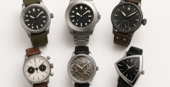A selection of Hamilton watch styles arranged from field watch to dress chronograph