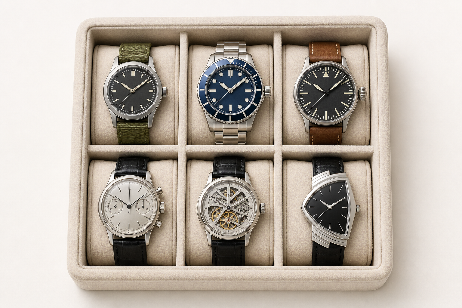 Six watch silhouettes representing Hamilton’s Field, Navy, Aviation, Classic, Jazzmaster, and Ventura collections