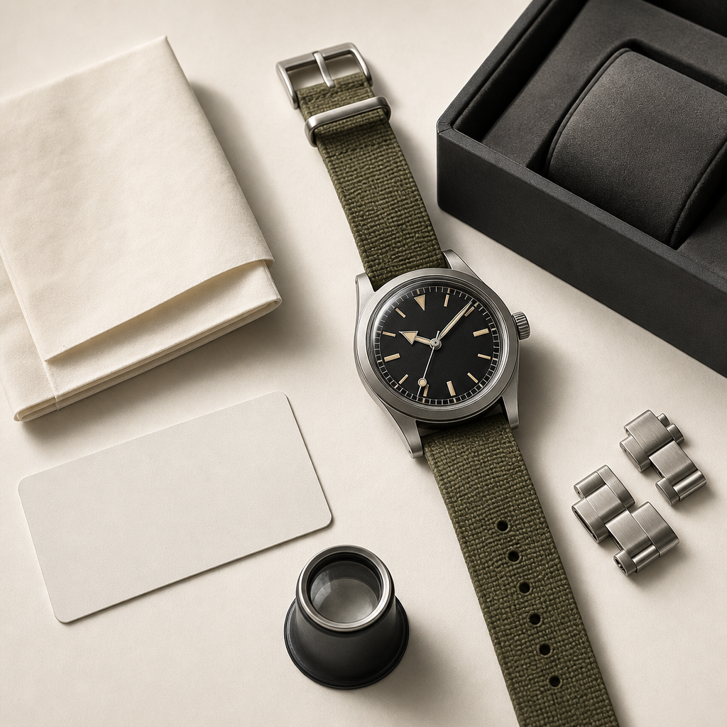 Close-up watch listing checklist beside a Hamilton-style field watch, box, and reference tag
