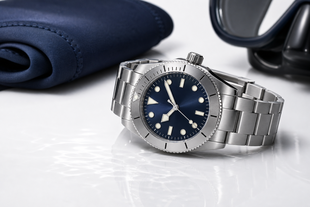 A stainless-steel dive watch beside a map, diving mask, and folded fabric strap