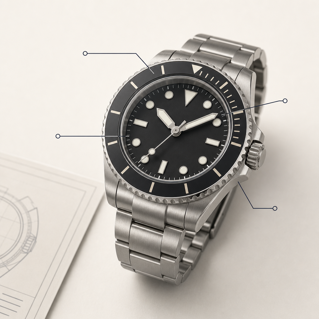 Dive watch showing a rotating timing bezel, luminous markers, and a sealed crown