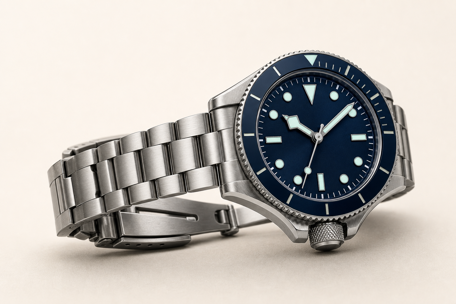Close view of a dive watch bezel, luminous hands, minute markers, and bracelet clasp