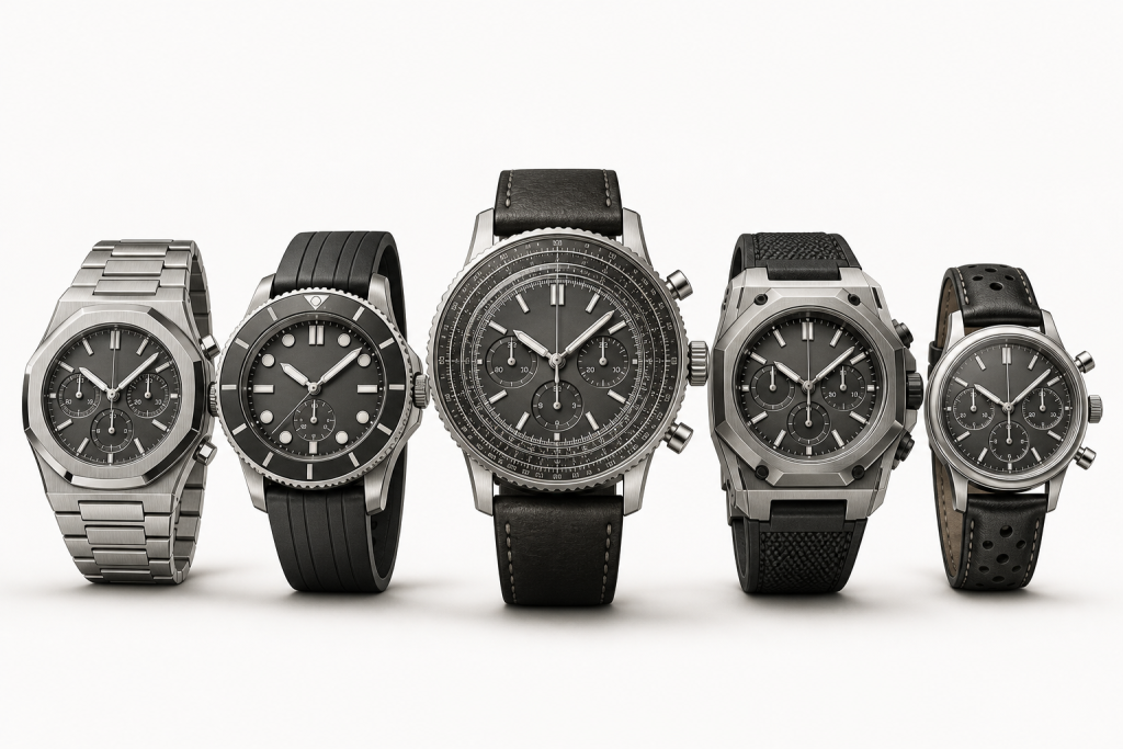 Five Breitling-style watch silhouettes representing aviation, sports, dive, tool, and retro chronograph collections