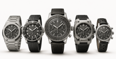 Five Breitling-style watch silhouettes representing aviation, sports, dive, tool, and retro chronograph collections