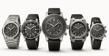 Five Breitling-style watch silhouettes representing aviation, sports, dive, tool, and retro chronograph collections
