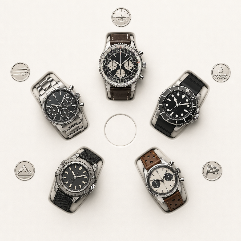 Five distinct watch silhouettes arranged around aviation, sport, water, tool, and racing-use symbols