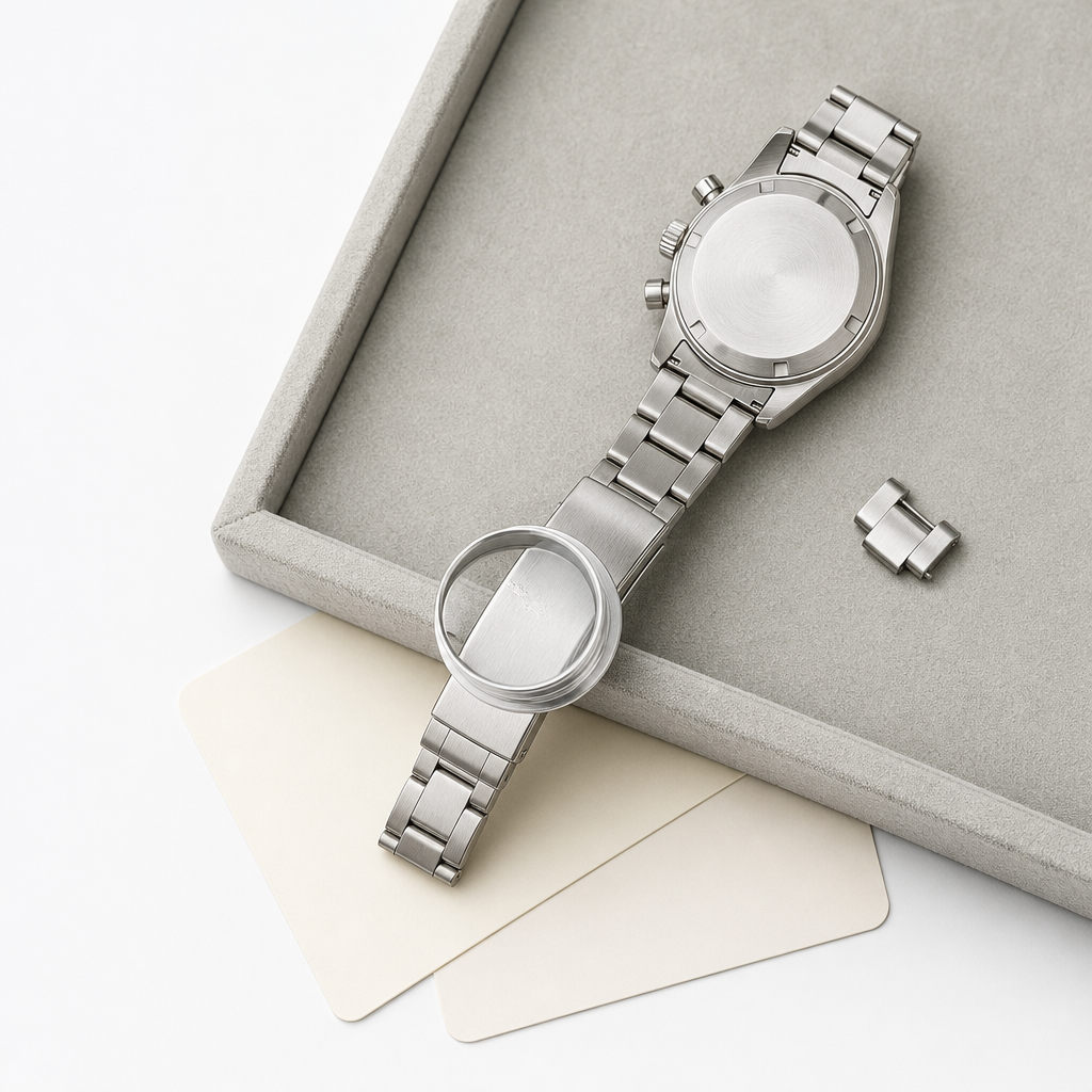 Watch caseback, bracelet links, warranty card, and magnifying loupe arranged for a pre-owned listing review